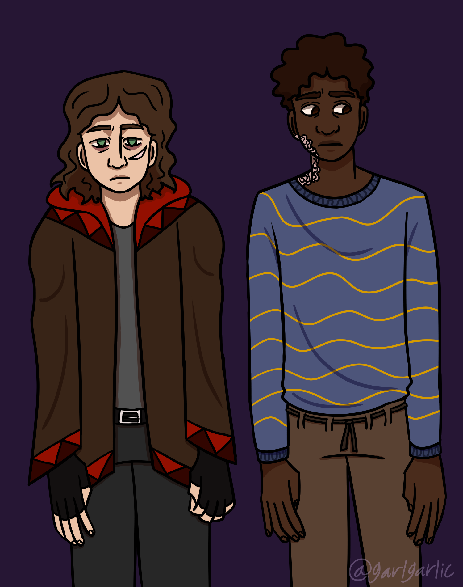 A digital drawing of George and David. George is staring blankly forward, David is staring uncomfortably to the side.