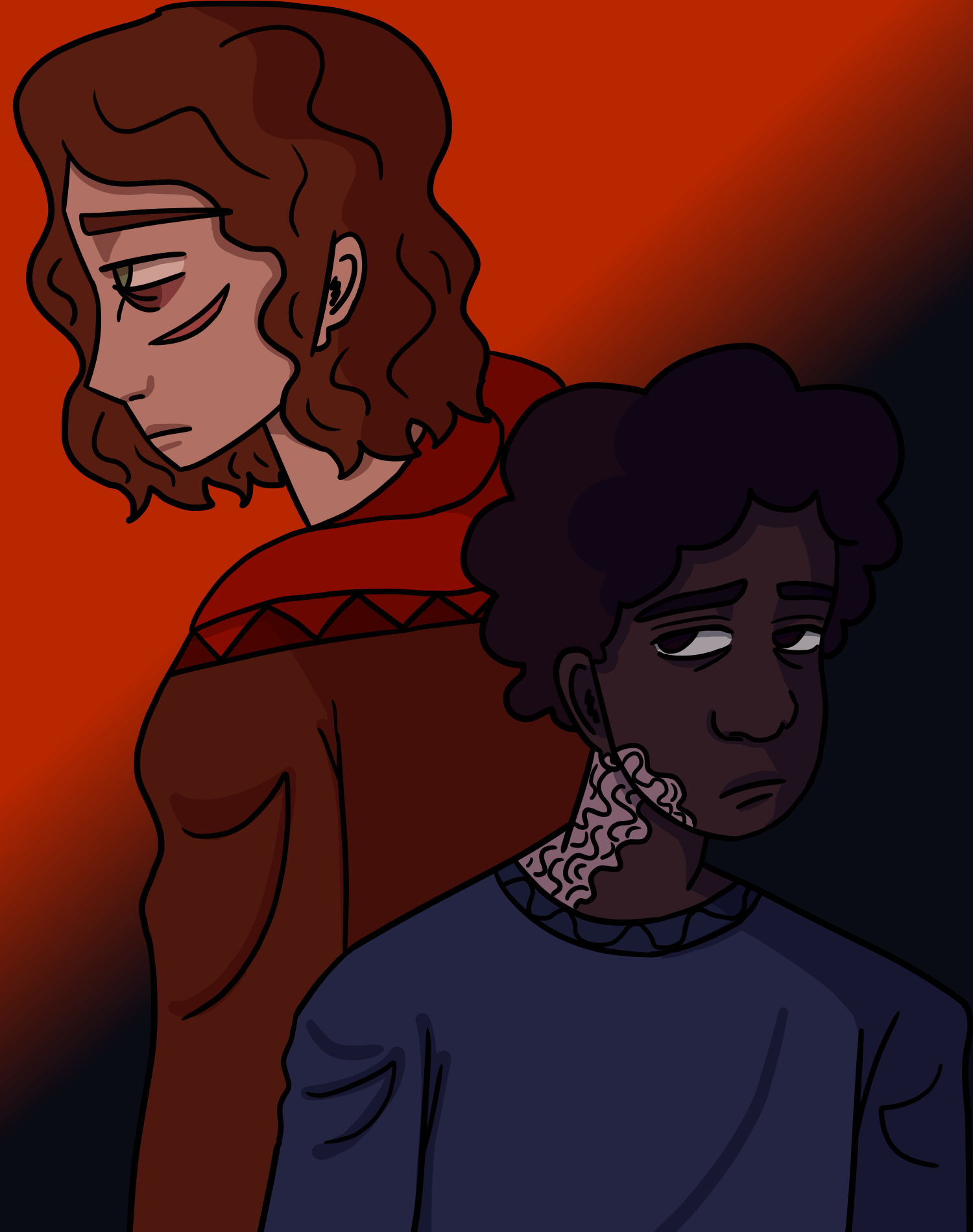 A digital drawing of George and David. George is glaring off to the left, David is staring up at him with a melancholy expression.