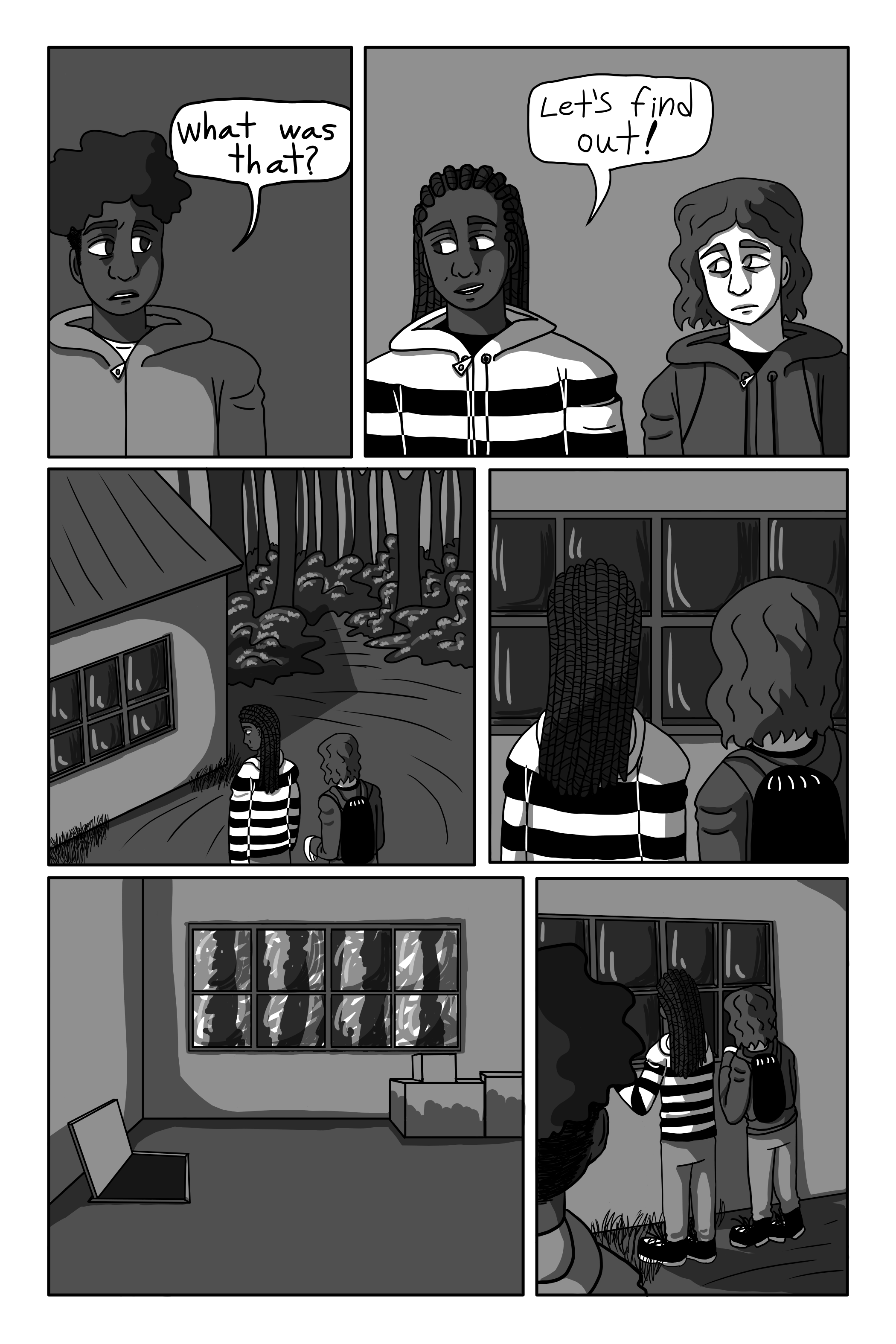 'What was that?' David says. 'Let’s find out!' Tanya replies. Tanya and George walk over to the window and peer in. There’s an open trapdoor in the floor of the shed.