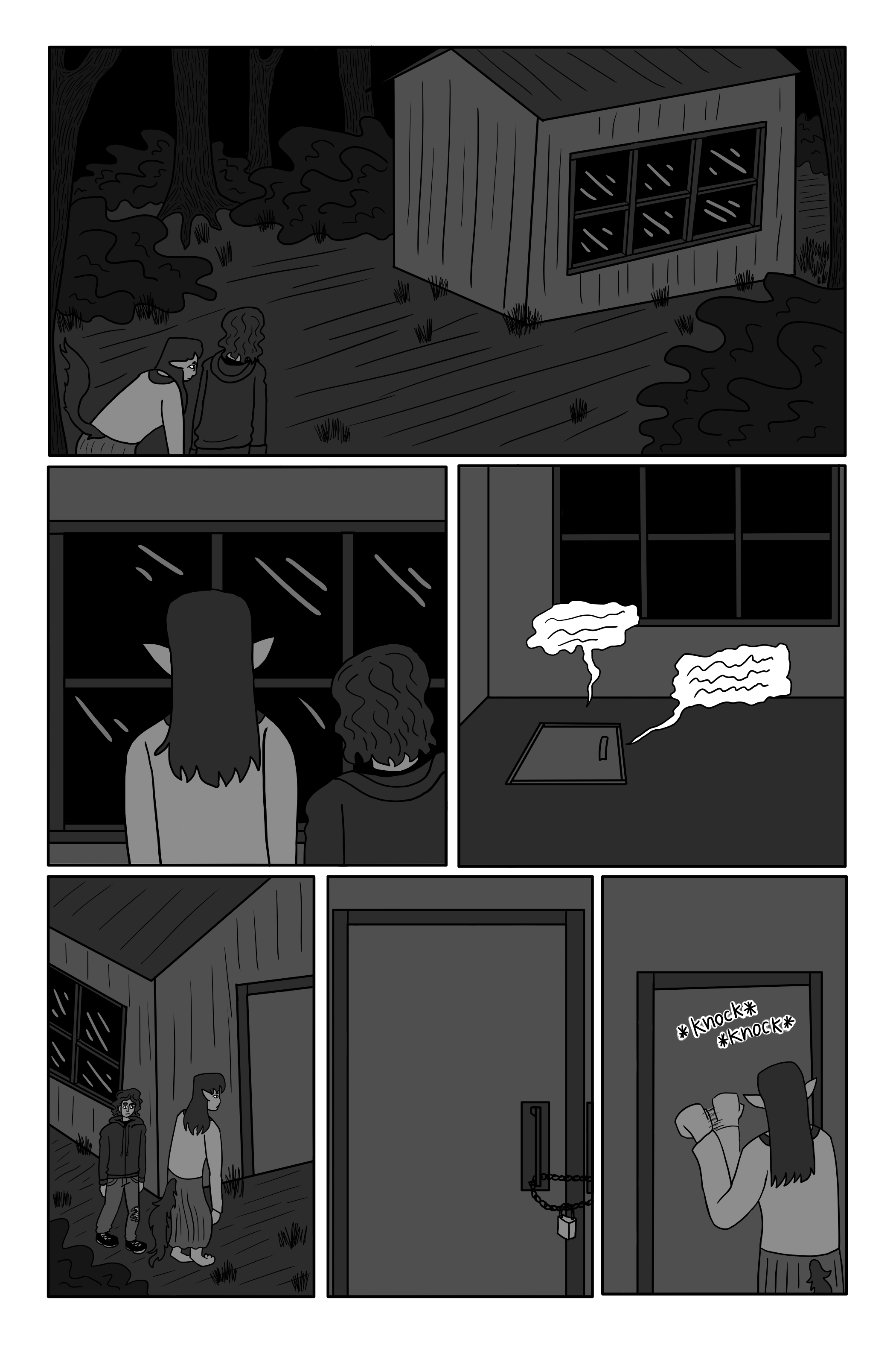 As they get closer to the shed, they can hear noises. The walk cautiously over to it. Sil is on all fours. George is crouching down. They look inside through the window. The trapdoor is closed and the building is empty. They walk around to the door. It's locked. Sil knocks on it.