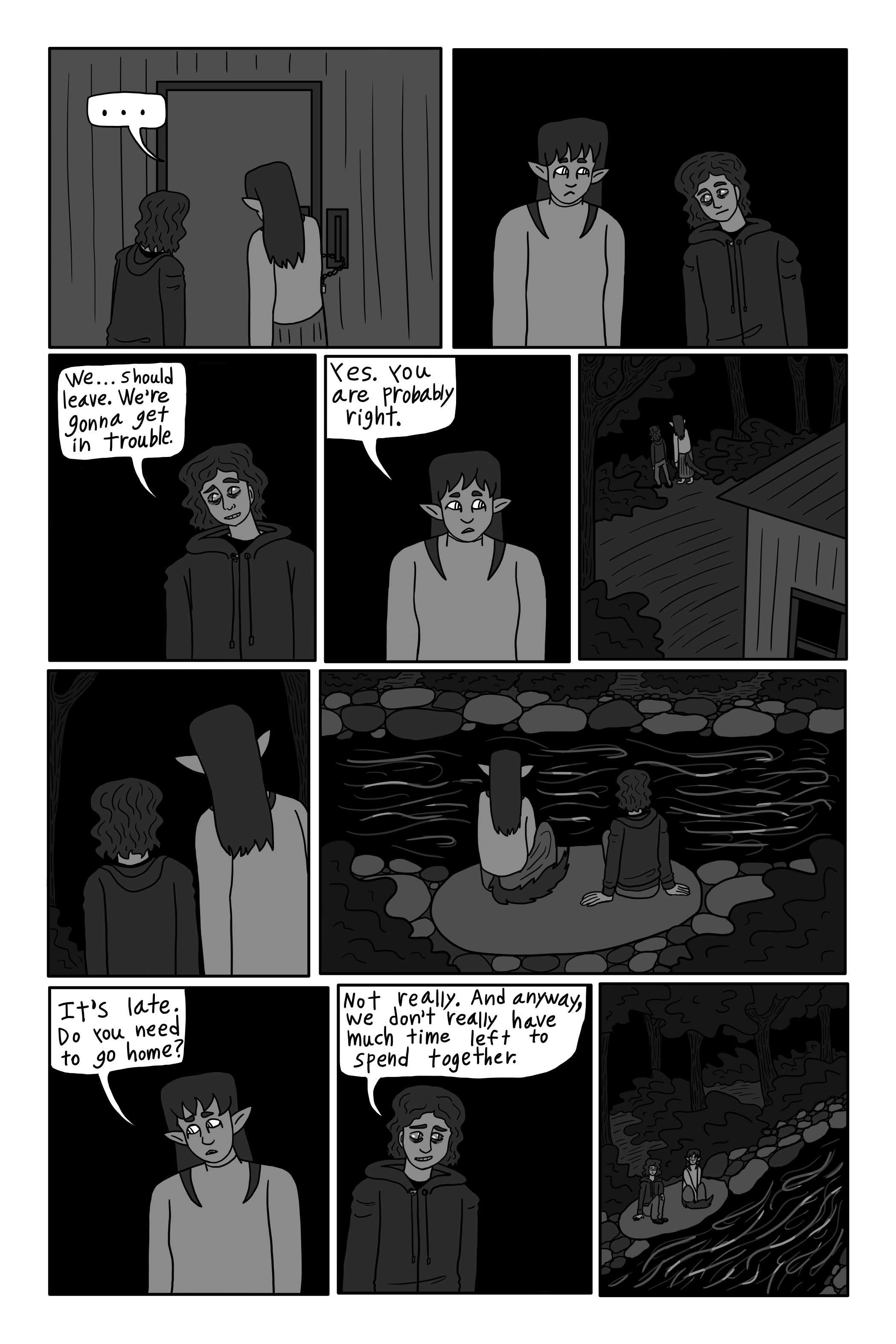 There is no answer. ' We... should leave. We’re gonna get in trouble.' George says. 'Yes. You are probably right.' Sil replies. They are both still suspicious. They walk back through the woods. They reach the rock again. 'It’s late. Do you need to go home?' Sil asks. George shrugs. 'Not really. And anyway, we don’t really have much time left to spend together.' George says. They sit down next to each other on the rock.