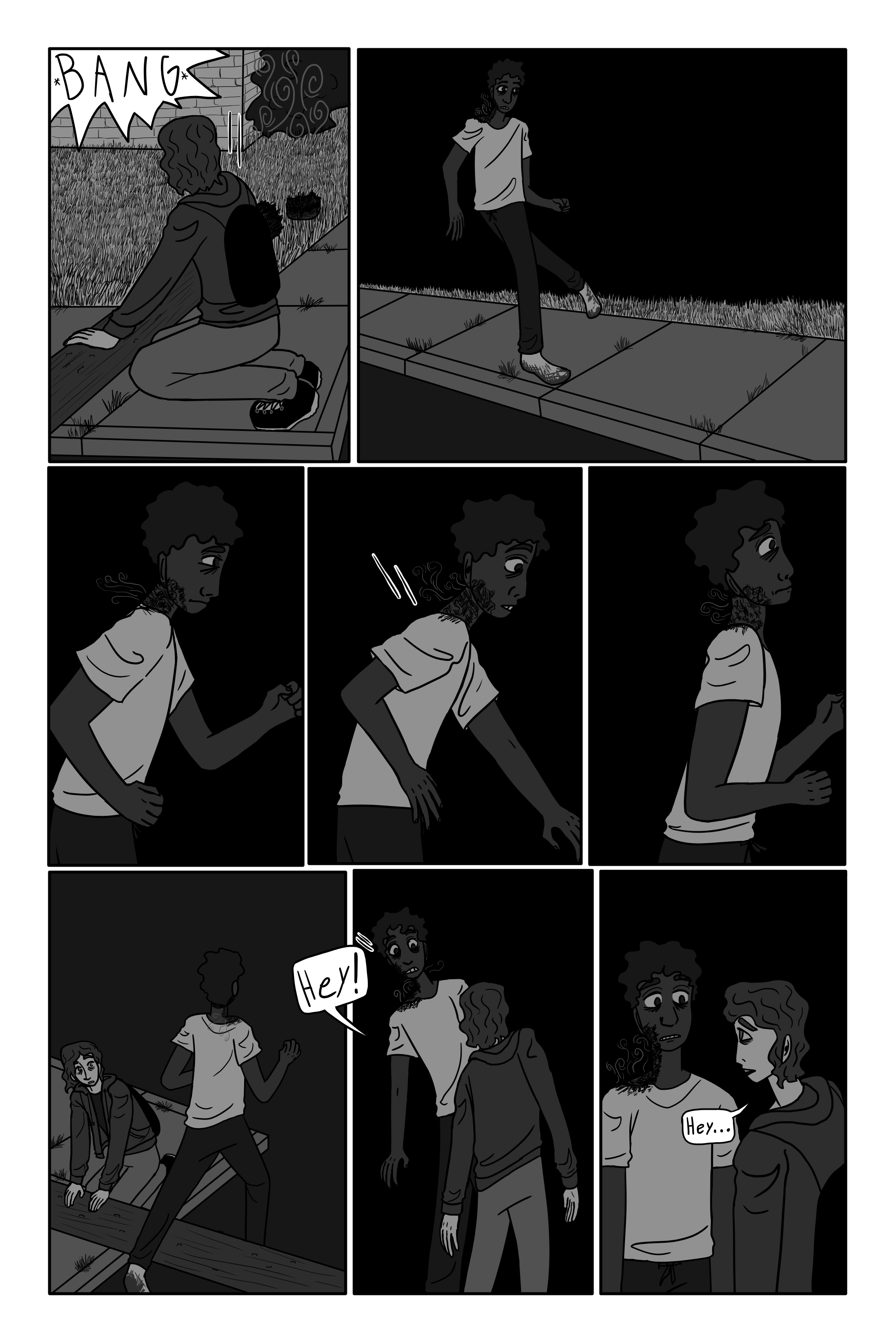 David's house is in ruins. David is running out of his house, towards George. He looks shaken and his right shoulder is badly burned and smoke is coming from it (part of his neck is also slightly burned and his hair is singed as if a blast went right beside his head). David runs up to George. They register each other’s presence, holding panicked eye contact.