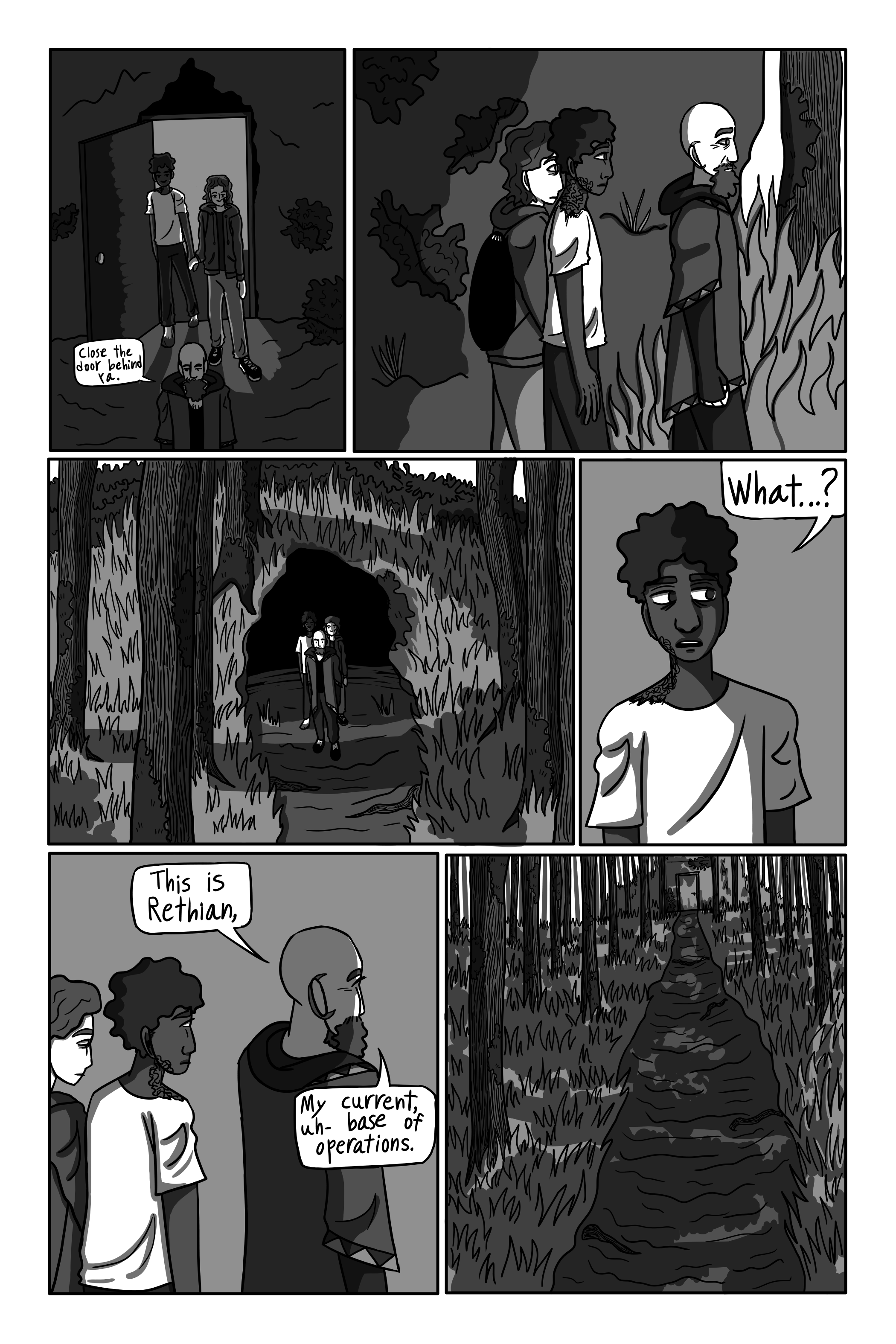 They walk out into a cave, but a different cave now. They walk out of the cave into a forest. The forest is full of strange plants, and it is sunset. George and David are surprised. 'What- ?' David starts. 'This is Rethian, my current- uh- base of operations.' Gechriald replies. Gechriald continues walking through the woods. George puts his hand on David’s shoulder (not the burned one). George and David follow.