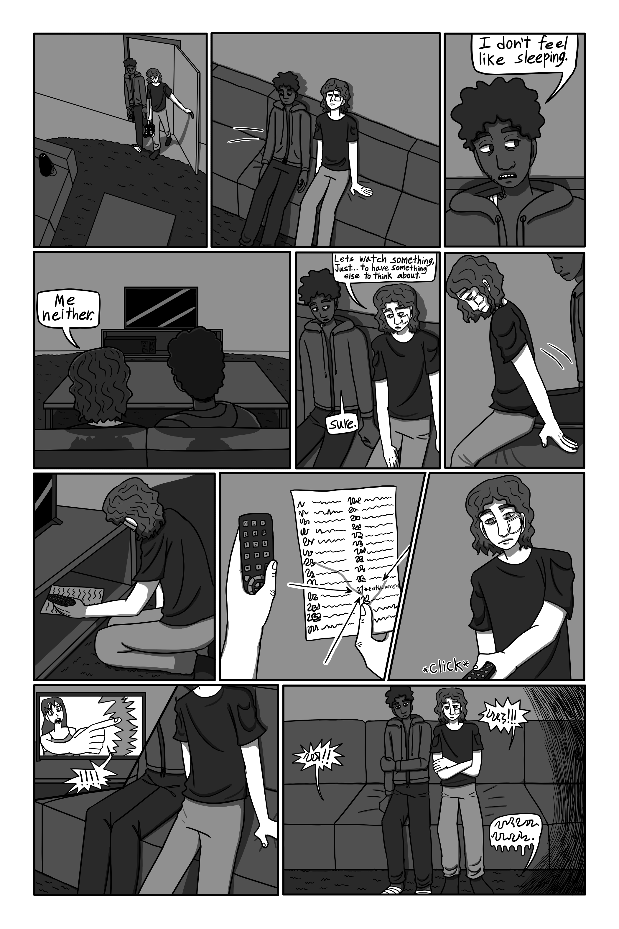 They walk out of the bathroom and into their room. They walk over to the couch. They sit down next to each other. 'I don't feel like sleeping.' David says. 'Me neither.' George replies. Pause. They notice the TV. 'Lets watch something. Just... to have something else to think about.' George says. 'Sure.' David replies. George walks over the TV. There is a remote and a list of channels, one of which is labeled 'Earth junk' in pen. George turns it on. Some anime is playing. George walks over the couch. George and David huddle next to each other to watch the show.